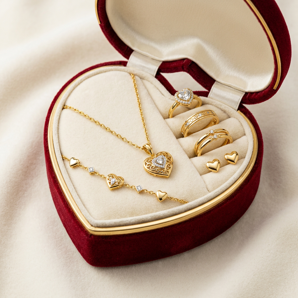 Conjunto de Joyas Doradas — Elegancia Premium, Caja en Forma de Corazón, Regalo Perfecto