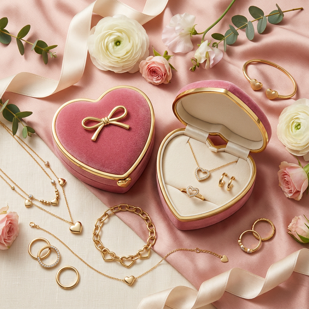Conjunto de Joyas Doradas — Elegancia Premium, Caja en Forma de Corazón, Regalo Perfecto