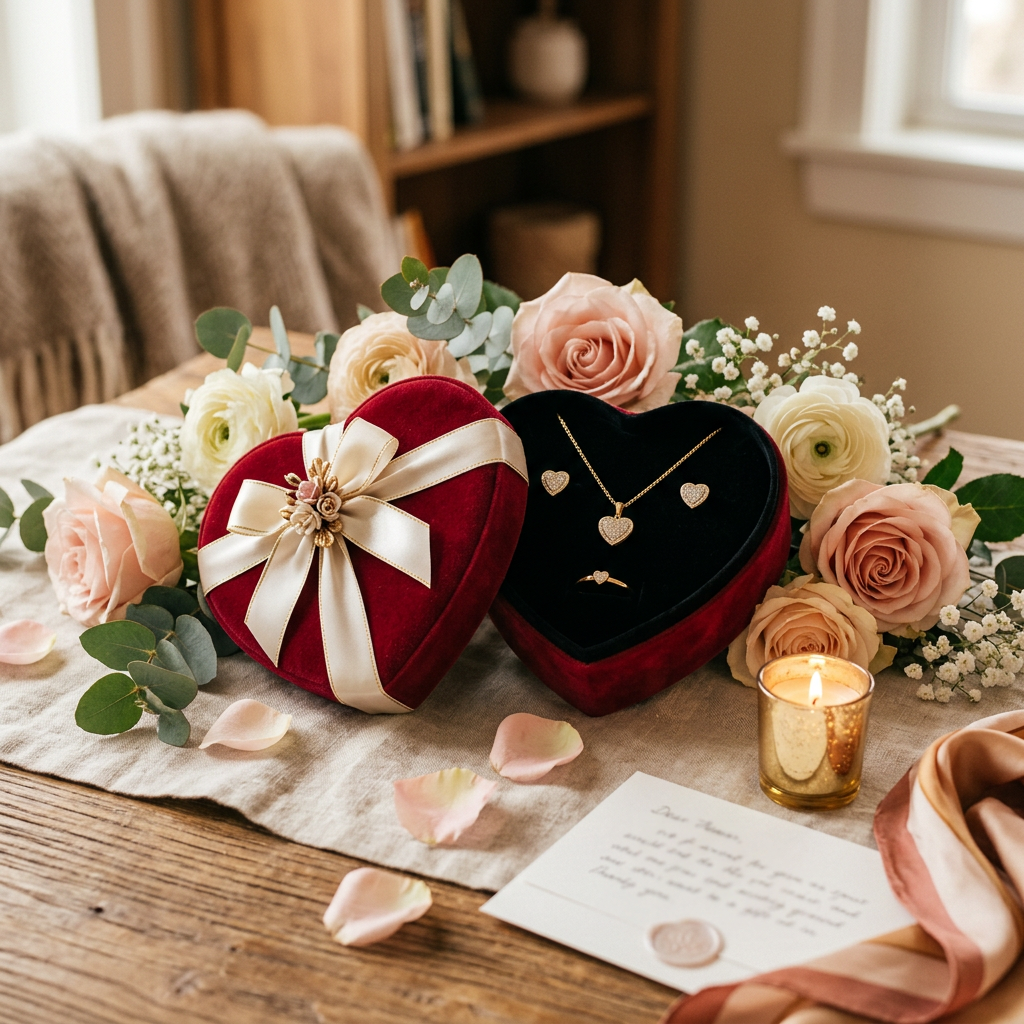 Conjunto de Joyas Doradas — Elegancia Premium, Caja en Forma de Corazón, Regalo Perfecto