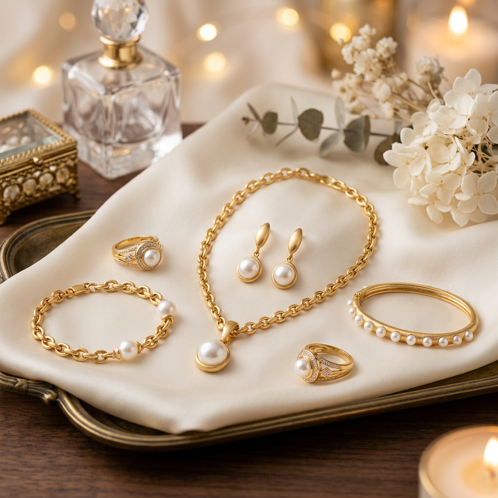 Conjunto de Joyas de Oro con Perlas — Elegancia Sofisticada, Exclusividad Premium, Regalo de Lujo