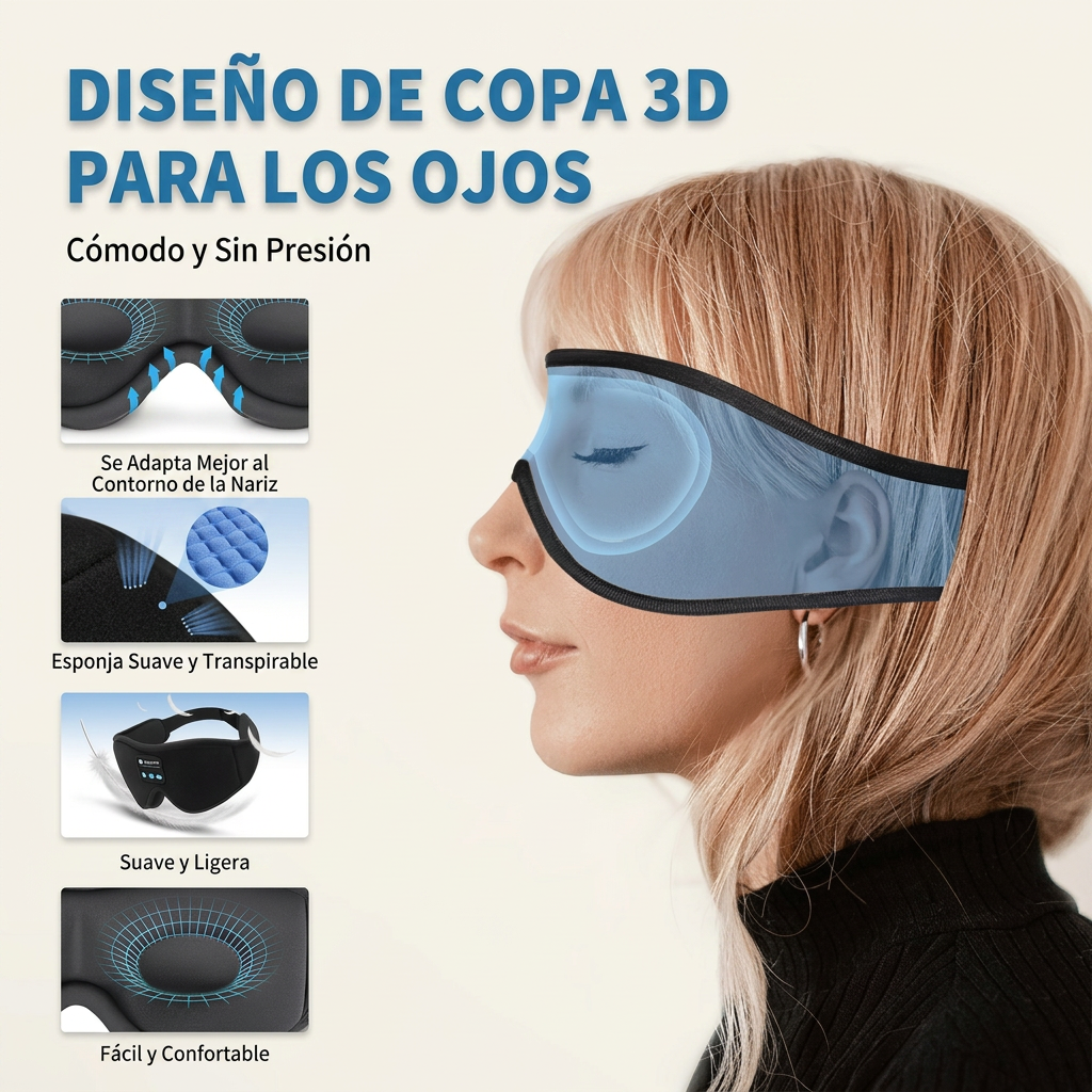 Máscara Bluetooth para Dormir — Sueño Profundo, Bloqueo Total de Luz, Música Integrada