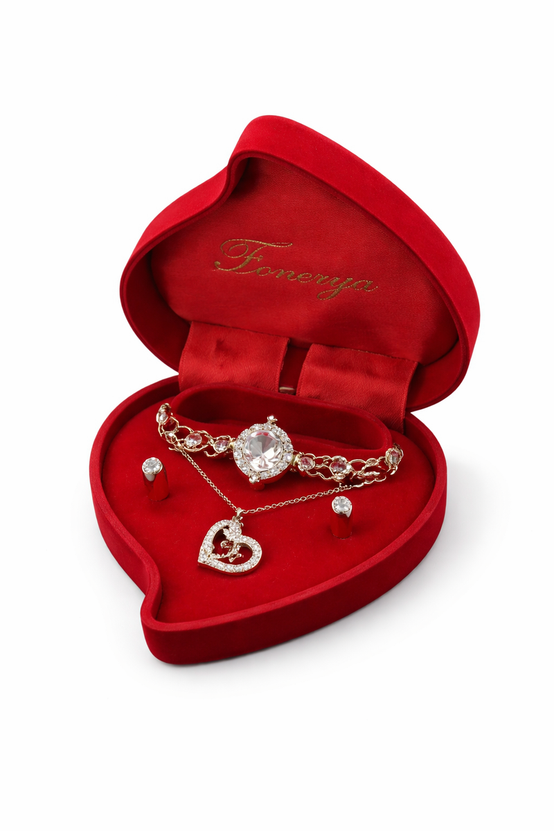 Conjunto de Joyas Doradas — Elegancia Premium, Caja en Forma de Corazón, Regalo Perfecto